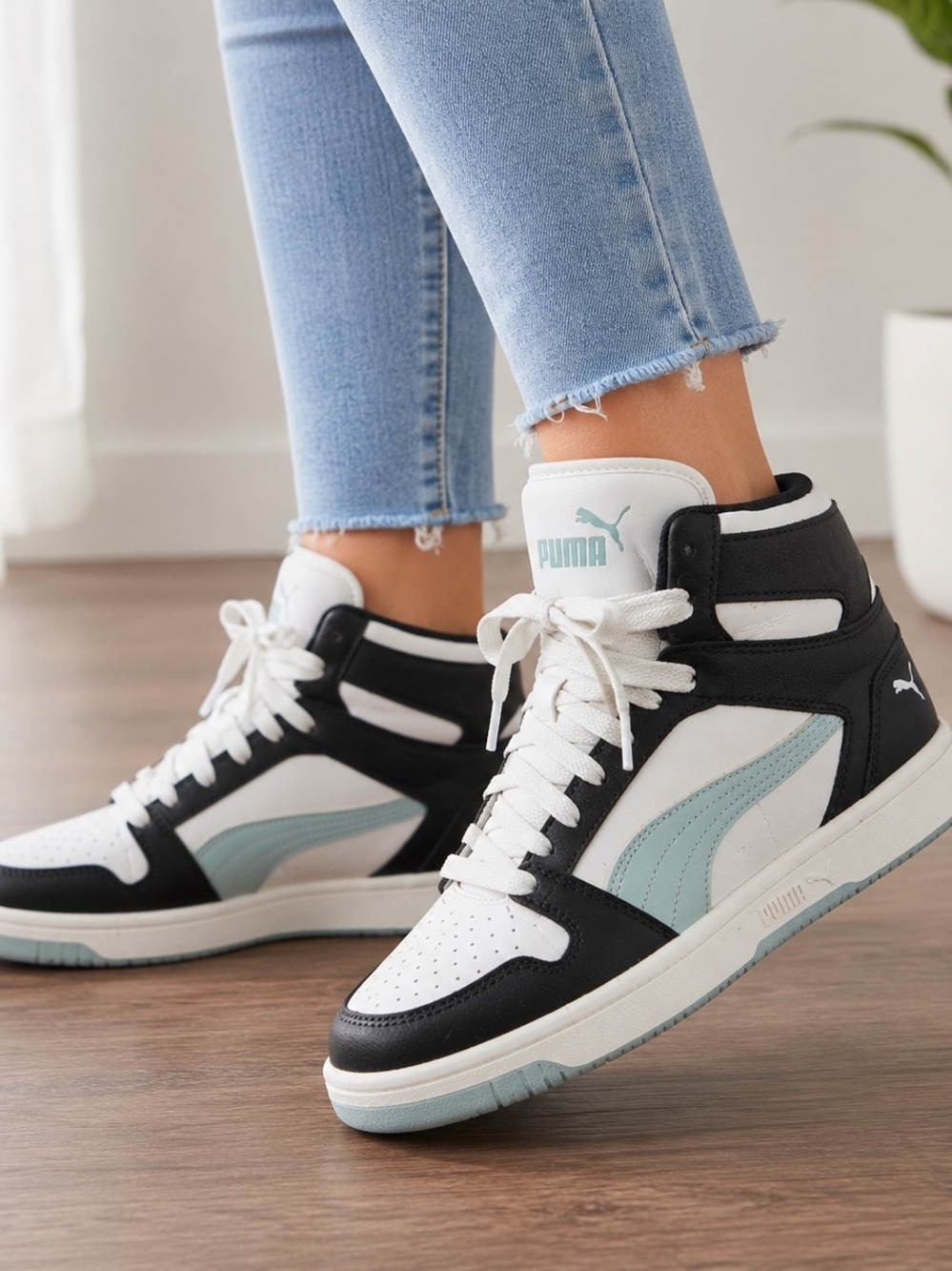 Puma Women’s High-Top Sneakers in White, Black & Light Blue